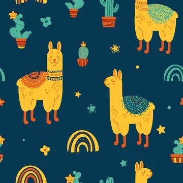 Childrens seamless pattern. Cute llamas in colorful ethnic blankets, cacti Stock Illustration