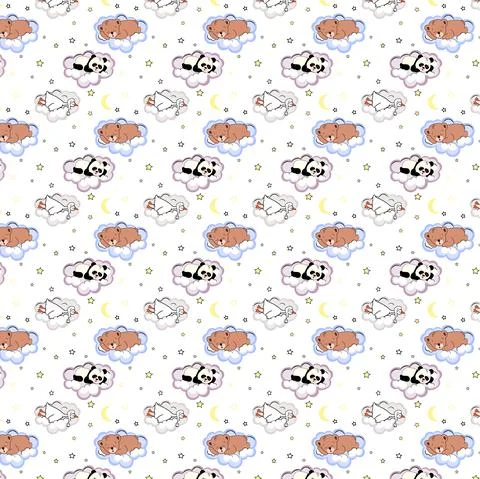 Children's seamless pattern cute, sleeping animals on the clouds: teddy bear Stock Illustration