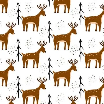 Childrens seamless pattern with deer and trees. Stock Illustration