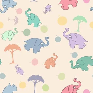Children's seamless pattern with elephants and trees, fruits. Illustrazione stock