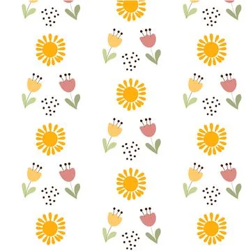 Children's seamless pattern with flowers, sun and small circles. Stock Illustration