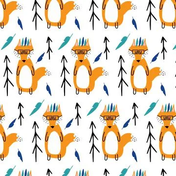 Childrens seamless pattern with fox and feathers. Illustrazione stock