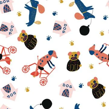 Children's seamless pattern with funny dogs, doghouse, bycycle. Stock Illustration