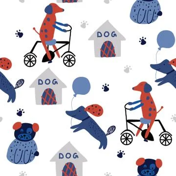 Children's seamless pattern with funny dogs, doghouse, bycycle. Stock Illustration