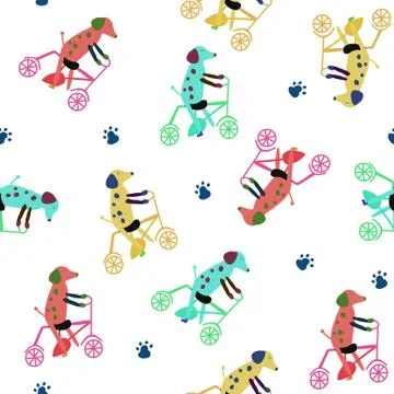Children's seamless pattern with funny dogs on the bicycle. Stock Illustration