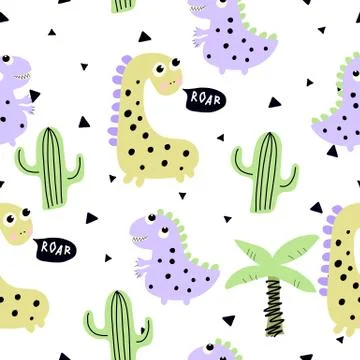 Children's seamless pattern with hand drawn dino in scandinavian style. Stock Illustration