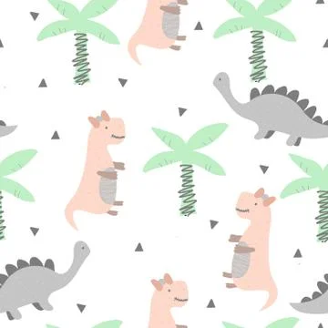 Children's seamless pattern with hand drawn dino in scandinavian style. Stock Illustration