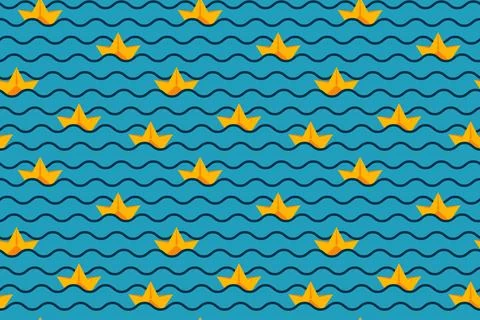Childrens seamless pattern with paper boats on the waves. Summer design for.. Stock Illustration