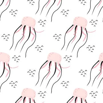 Childrens seamless pattern with pink jellyfish. Stock Illustration