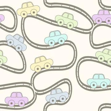 Childrens seamless pattern with road and cars Stock Illustration