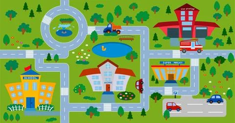 Children's seamless pattern with a road map. Urban landscape with cars. Stock Illustration