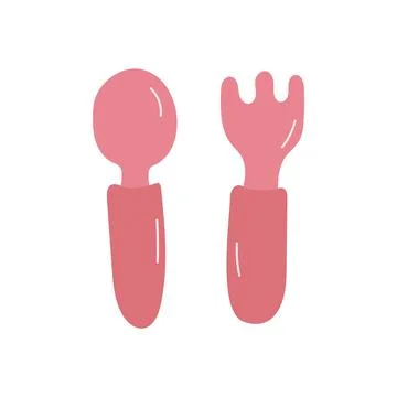 Children's set of fork and spoon pink color vector illustration Stock Illustration