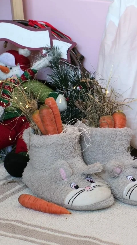 Childrens shoes in the shape of a rabbit, filled with hay, carrots for the Stock Footage 318718076