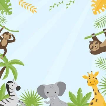 Children's square empty frame with the image of wild jungle animals. Stock Illustration