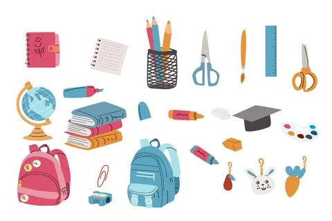 Childrens supplies cute elements of elementary school. Schoolbag, pendant, globe Stockillustratie