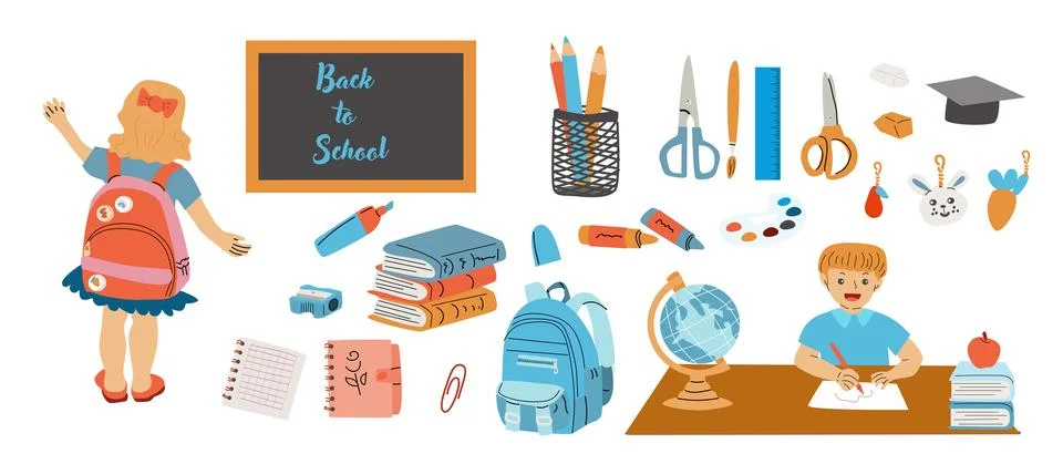 Childrens supplies cute elements of elementary school. Schoolbag, pendant, .. Stock Illustration