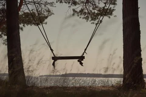 Children's swing between two trees on the coast Stock-Fotos