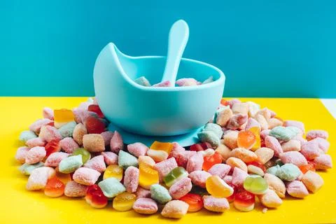 Children's tableware silicone bowl with spoon. Serving baby food, kid dishware Stock Photos