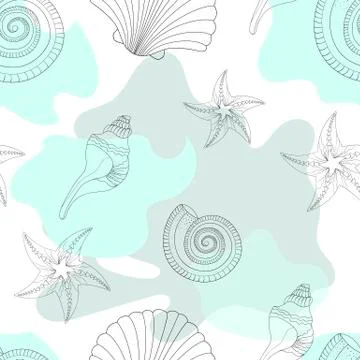 Childrens texture. Sea shells and stains. Starfish. Patterned in shades of Stock Illustration