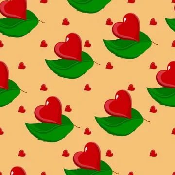 Childrens texture. Seamless background with cherries and hearts. Green leaves Stock Illustration
