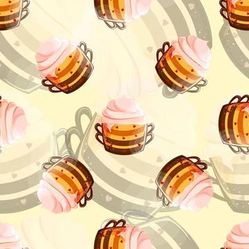 Childrens texture. Seamless background with mug and pudding. Pattern in beige Stock Illustration