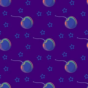 Childrens texture. Seamless dark background with cherries and stars. Beautiful Stock Illustration
