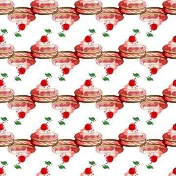 Childrens texture. Seamless pattern with cherry cookies and cream. Pattern in Stock Illustration