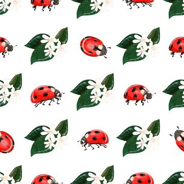 Childrens texture. Seamless pattern with lemon flowers and leaves. Ladybugs on a Stock Illustration