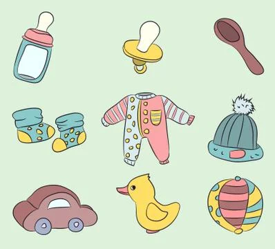 Children's things, colored on a colored background Stock Illustration