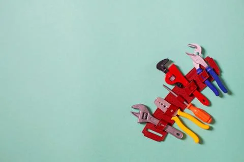 Children's toy plastic tools builder and carpenter. Selective focus. Stock Photos