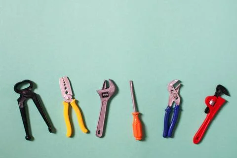 Children's toy plastic tools builder and carpenter. Selective focus. Stock Photos