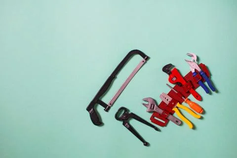 Children's toy plastic tools builder and carpenter. Selective focus. Stock Photos