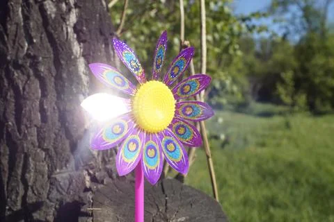 Children's toy windmill on the background of the forest Stock Photos
