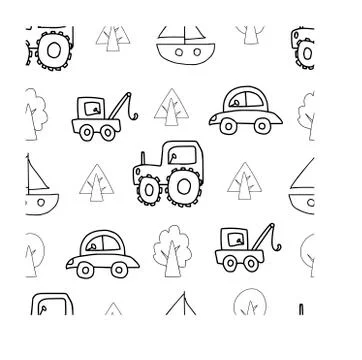 Children's transport vector seamless pattern black line with cars, tractor, Stock Illustration