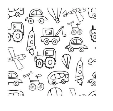 Children's transport vector seamless pattern black line with cars, Stock Illustration