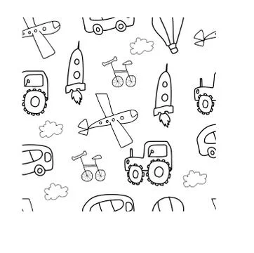 Children's transport vector seamless pattern black line with cars, Stock Illustration