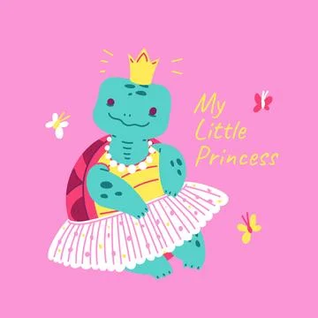 Children's vector illustration with cute turtle princess and butterflies. Illustrazione stock
