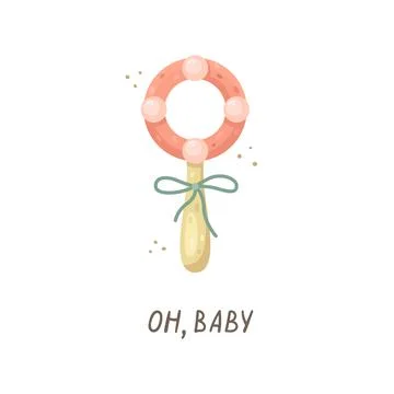 Children's vector illustration with a rattle and hand drawn lettering. 스톡 일러스트