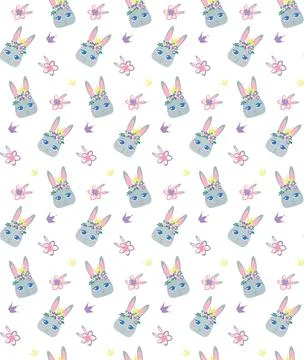 Childrens vector pattern bunny in cartoon style. Cute smiley rabbit in wreaths Stock Illustration