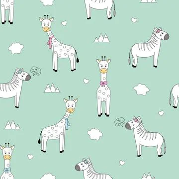 Children's vector pattern with cute giraffes and zebras, in pastel colors Stock Illustration