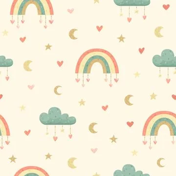 Children's vector seamless pattern with cute rainbows and clouds. Stock Illustration