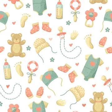 Children's vector seamless pattern with things for newborn babies. Stock-Illustration