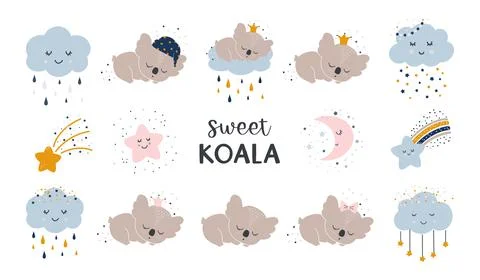 Childrens vector set with cute sleeping animals. Koala, stars, clouds with dr Illustrazione stock