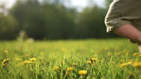 Childs bare feet running through a field. Baby steps in the grass at the park. A Stock Footage 320473074