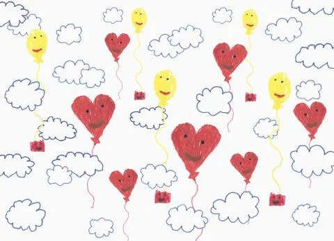 Childs drawing anthropomorphic balloon pattern in cloudy sky Stock Illustration