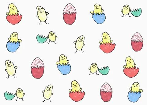 Childs drawing of chicks hatching from multi colored eggs Stock Illustration