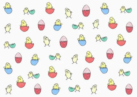 Childs drawing of chicks hatching from multi colored eggs Stock Illustration