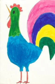 Child's drawing - colourful easter rooster Stock Photos