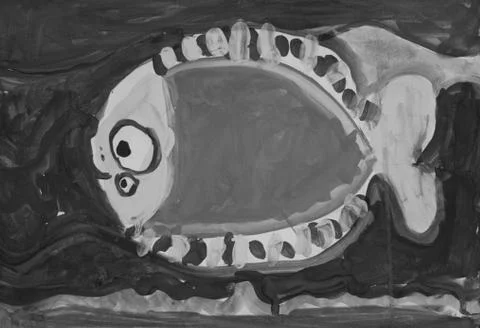 Child's drawing fish painted with gouache Stock Photos
