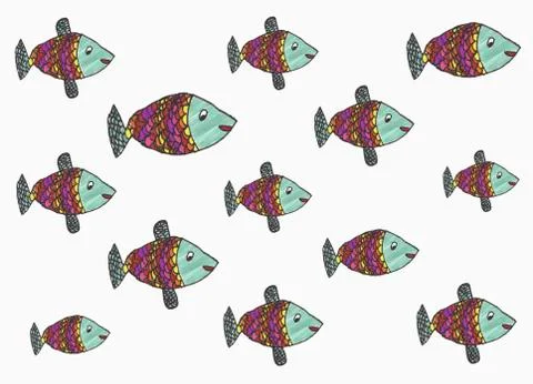 Childs drawing multicolor fish pattern on white background Stock Illustration
